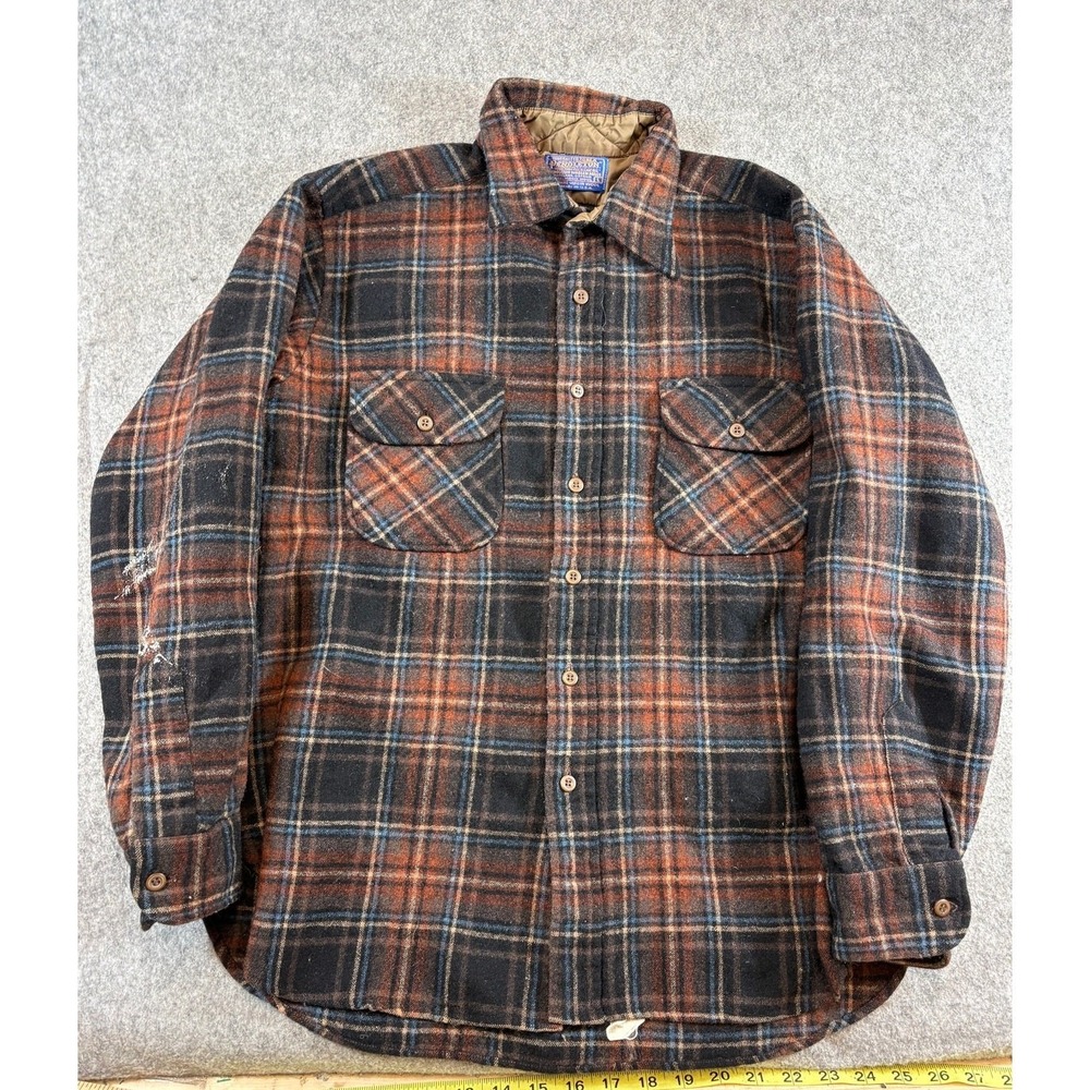 VTG Pendleton Mens Shadow Plaid Board Shirt Flannel Wool Large Brown 60s 70s